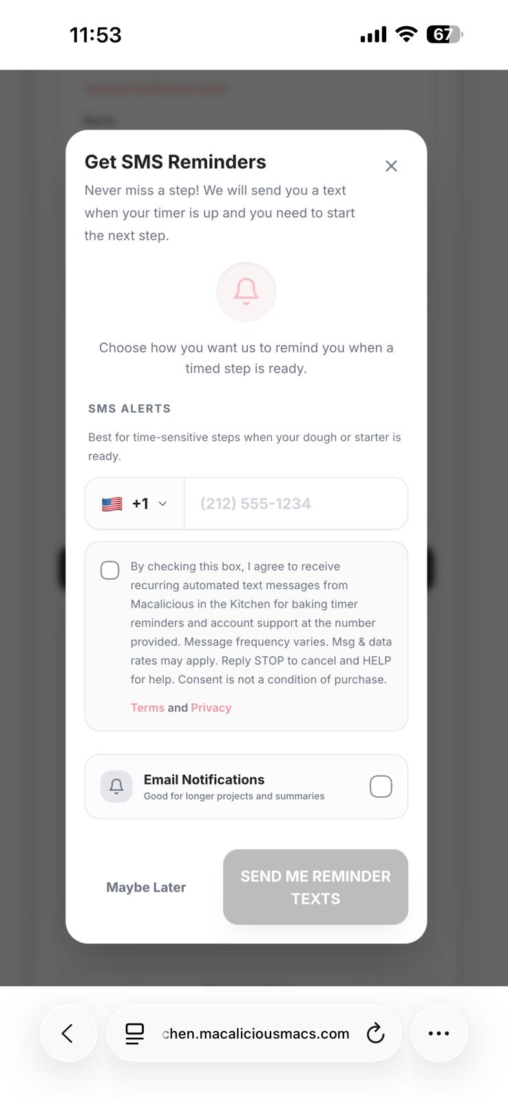 Desktop SMS opt-in form with SMS consent disclosure