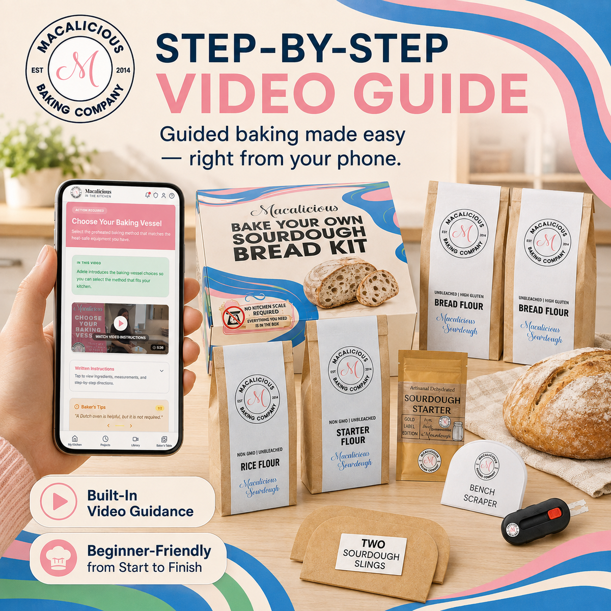 Macalicious step-by-step sourdough video guide shown on a phone beside the kit