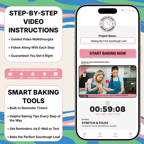 Macalicious in the Kitchen app mockup with guided sourdough video instructions and reminder timers