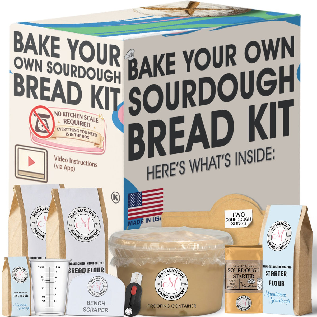 Macalicious Bake Your Own Sourdough Bread Kit box and included items