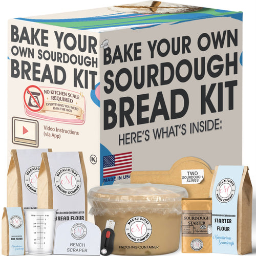 Macalicious Bake Your Own Sourdough Bread Kit box and included items